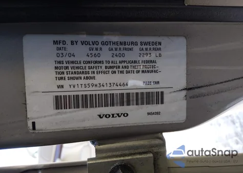 2004 Volvo S80 2.5T from USA, damaged, VIN YV1TS59H341374464